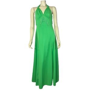 American vintage 70's Green Halter applique long belted dress X small